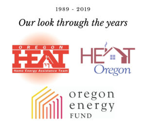 Image of three logos, moving from Oregon Heat to Heat Oregon to Oregon Energy Fund. The text at the top reads "1989 - 2019: Our look through the years"