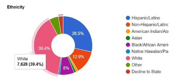 Image showing OEF clients by ethnicity. 39.4% are white, 28.5% are Hispanic/Latino, 12.9% are Non-Hispanic/Latino, and 8% are Black/African American. Smaller breakdowns (numbers not given) include American Indian, Asian, Native Hawaiian/Pacific Islander, Other, and Decline to State.
